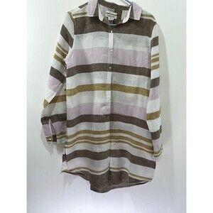 Rachel Zoe 100% Linen Striped Collared Long Sleeve Button-Up Blouse M
